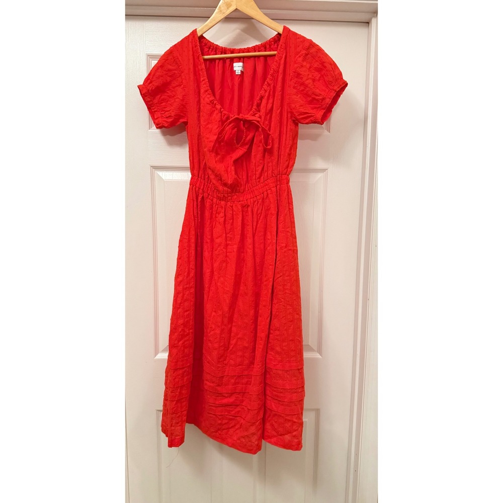 Lost + Wander Midi Dress Womens Small Red Recycled Cotton Tie Front Puff Sleeve